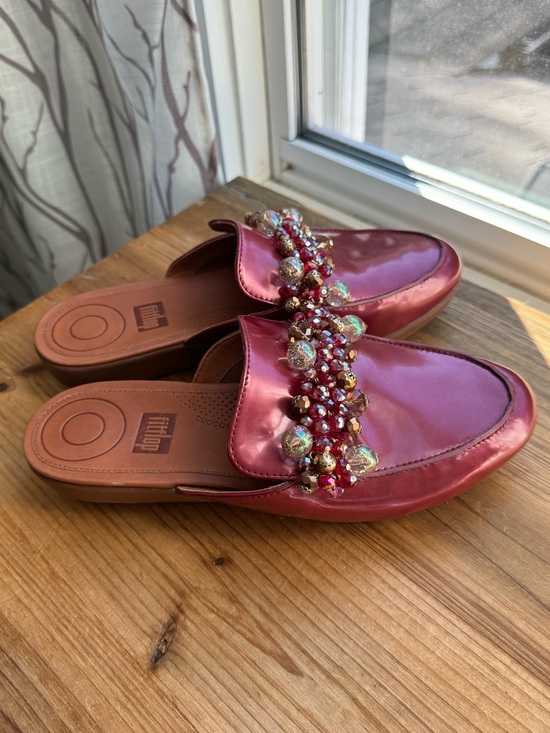 Fitflop Shoes - FitFlop Serene Deco Fire Red Patent Leather Embellished Mules Women’s 7.5